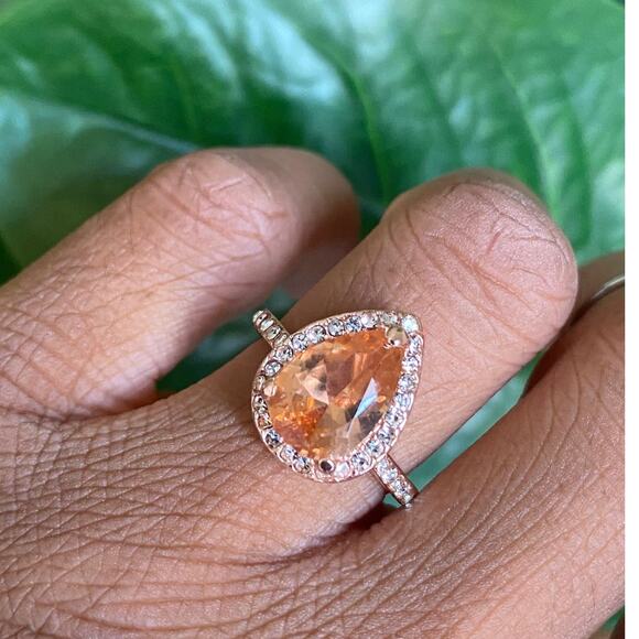 New Rose‎ Gold 8 Teardrop Pink Peach Crystal Halo Ring Teardrop Pave Band - Picture 1 of 3